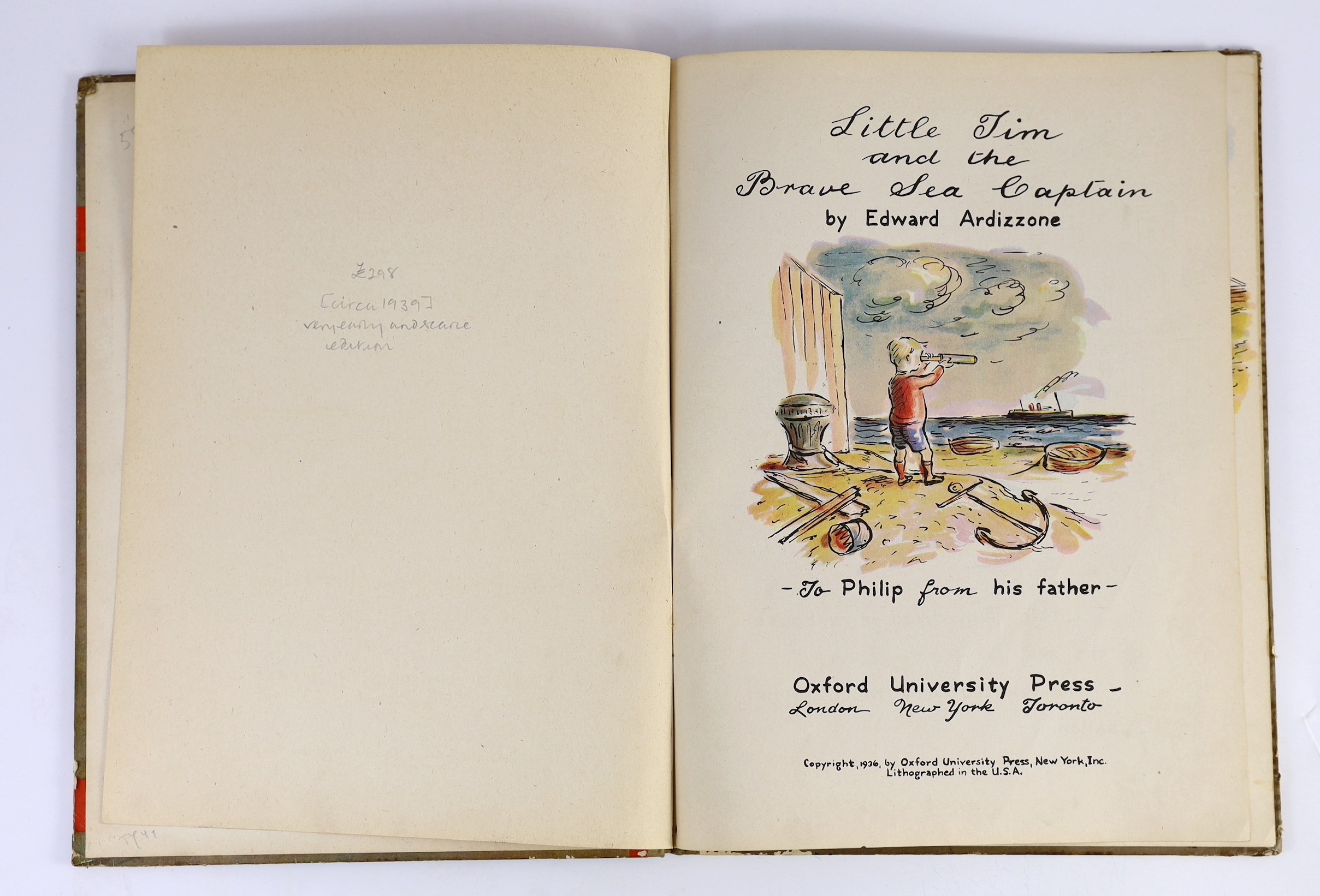 Ardizzone, Edward - Little Tim and the Brave Sea Captain. First Edition. coloured pictorial title and coloured illus. throughout; coloured pictorial boards, 4to. Oxford Univ. Press, 1936